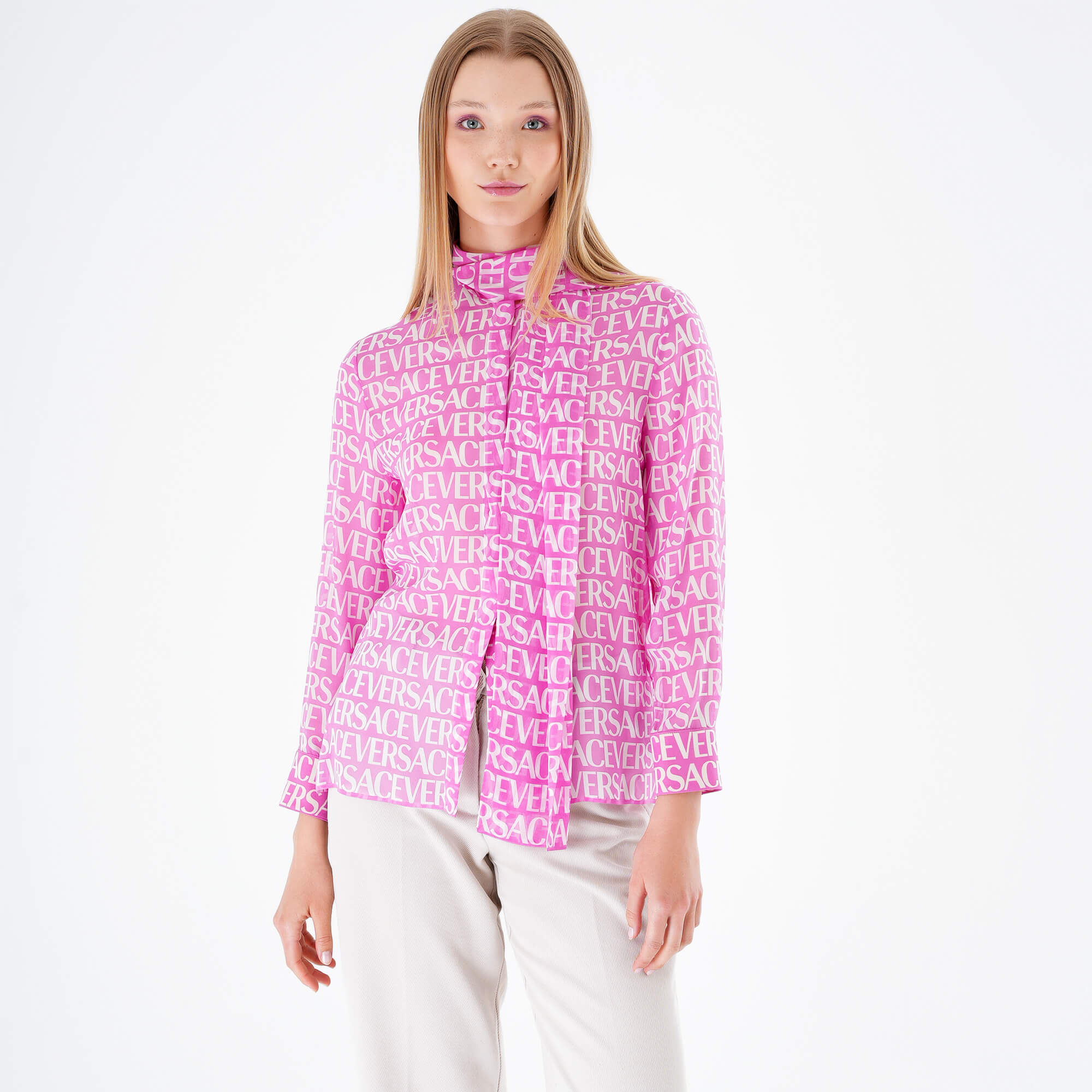 Versace - Logo Printed Silk Chiffon Blouse in Pink IT42